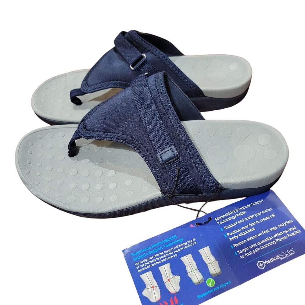 Medical Soles Orthotic Flip Flops Navy Adjustable Thong Sandals Sz 7 Comfort
